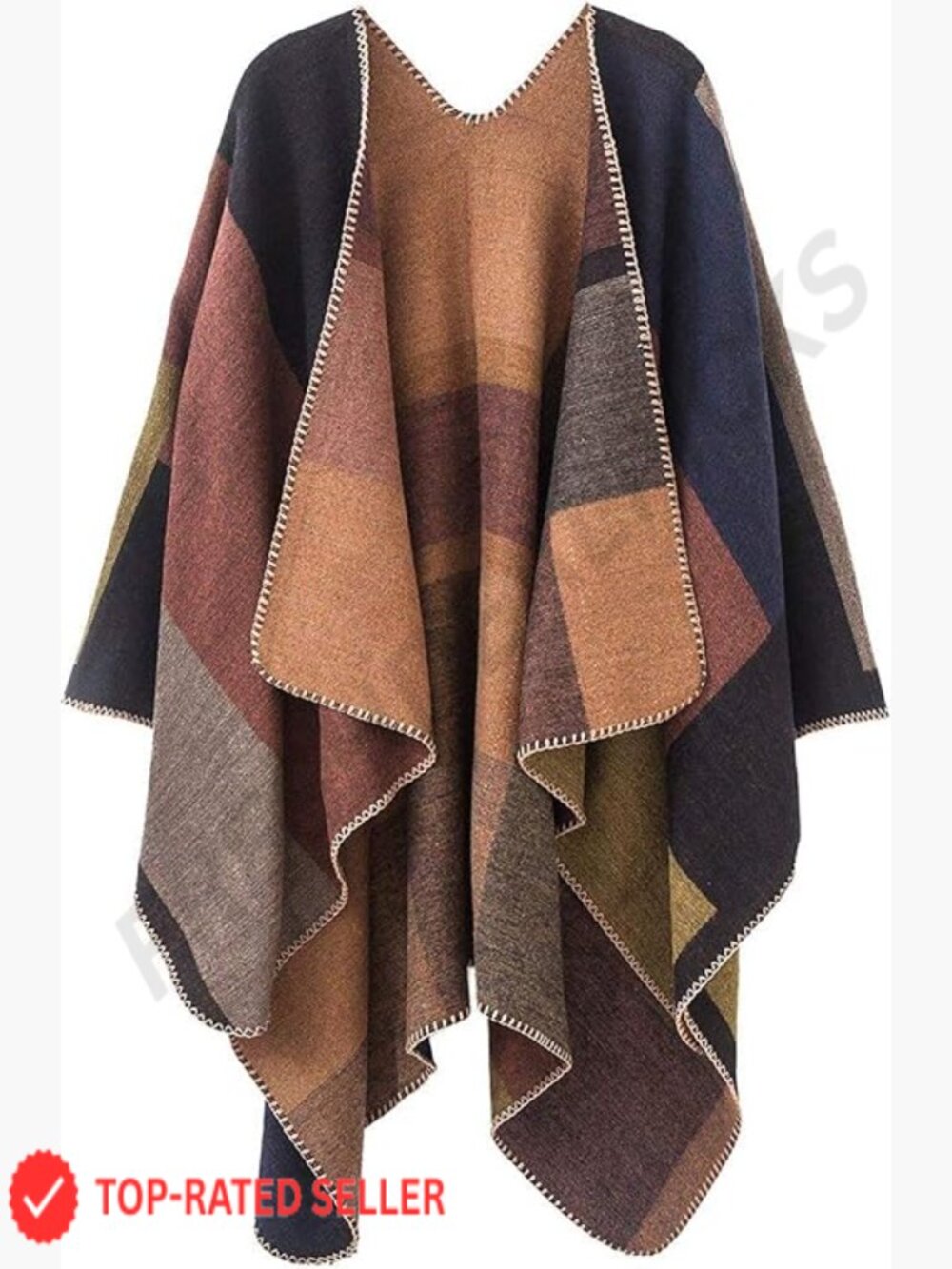 Reversible Wool Poncho Cape Shawl Wrap Winter Elegant Loose Fit Soft Plaid